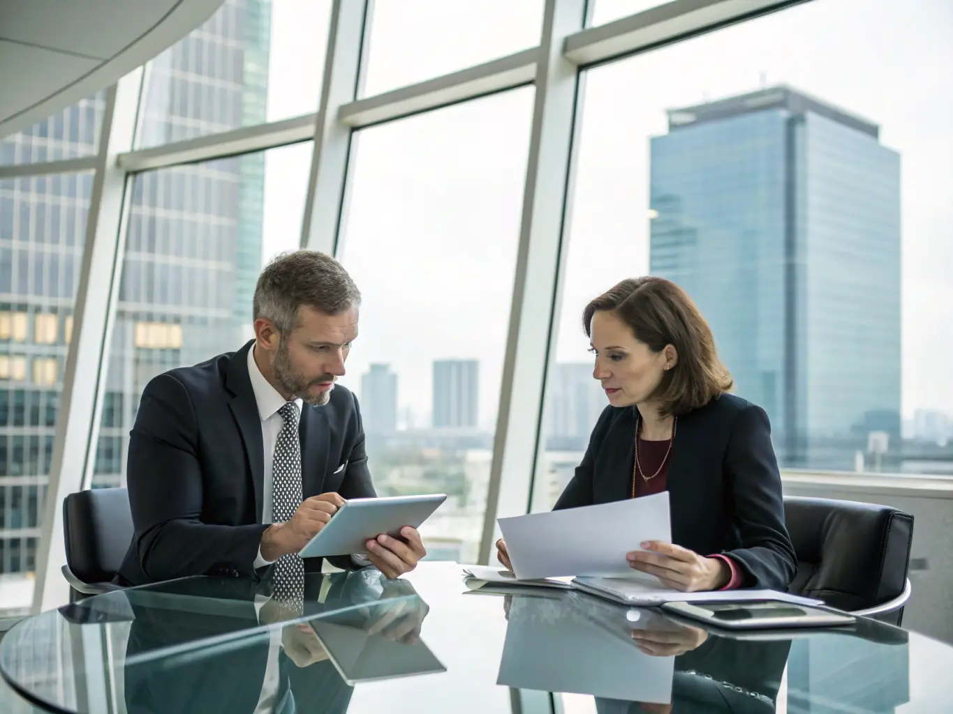 A consultant in a suit, reviewing financial documents with a client in a modern office setting, symbolizing financial consulting services.