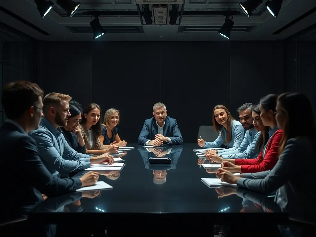 A team of consultants brainstorming ideas in a conference room, with sticky notes and charts on the wall, representing strategy consulting.